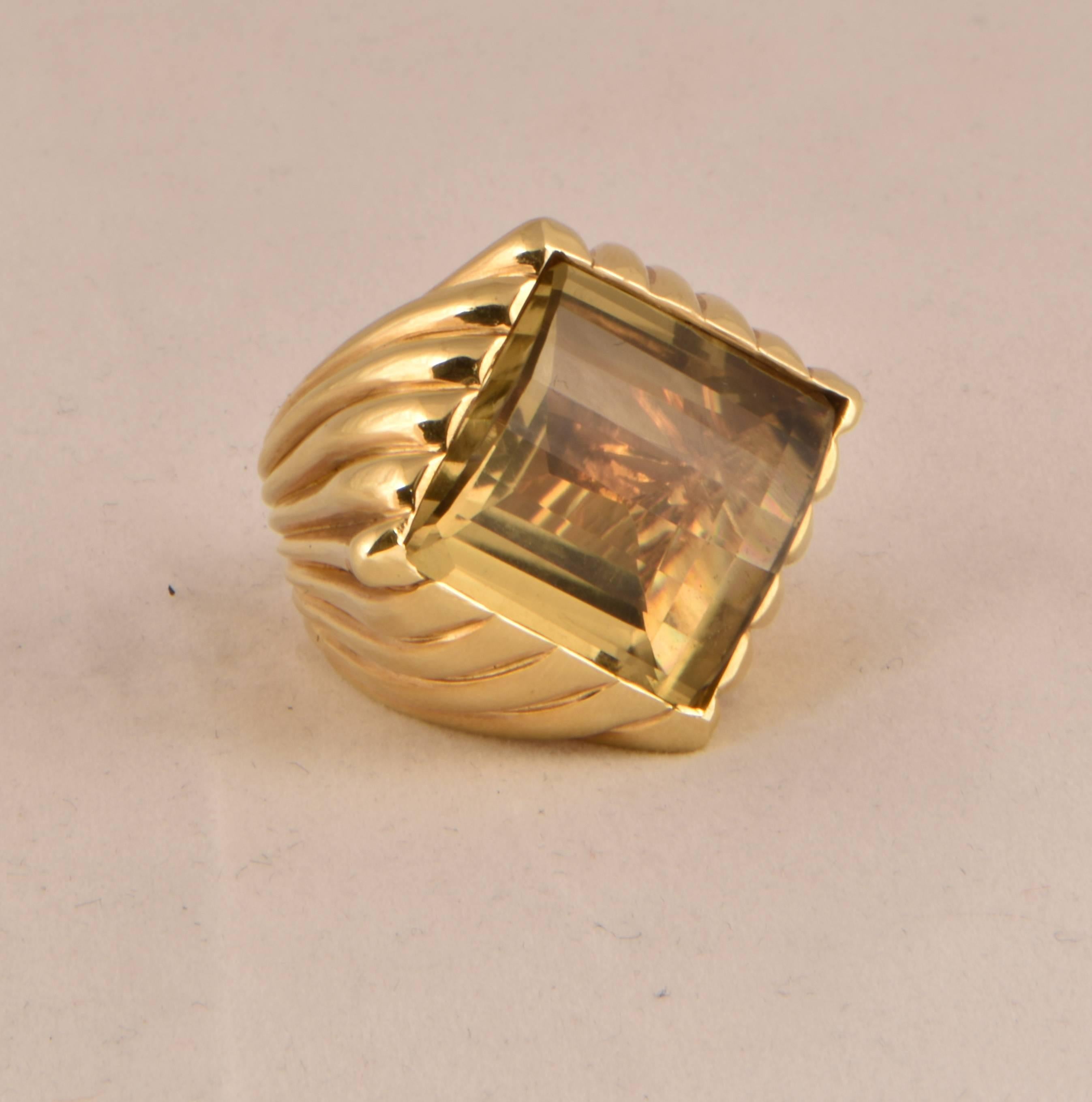 Impressive Chunky 18k Gold Ring set with a Square Citrine (app. 32.20ct.) by Tony Duquette, Designer Extraordinaire! Ring size 6; measures approx. across finger x 1.25