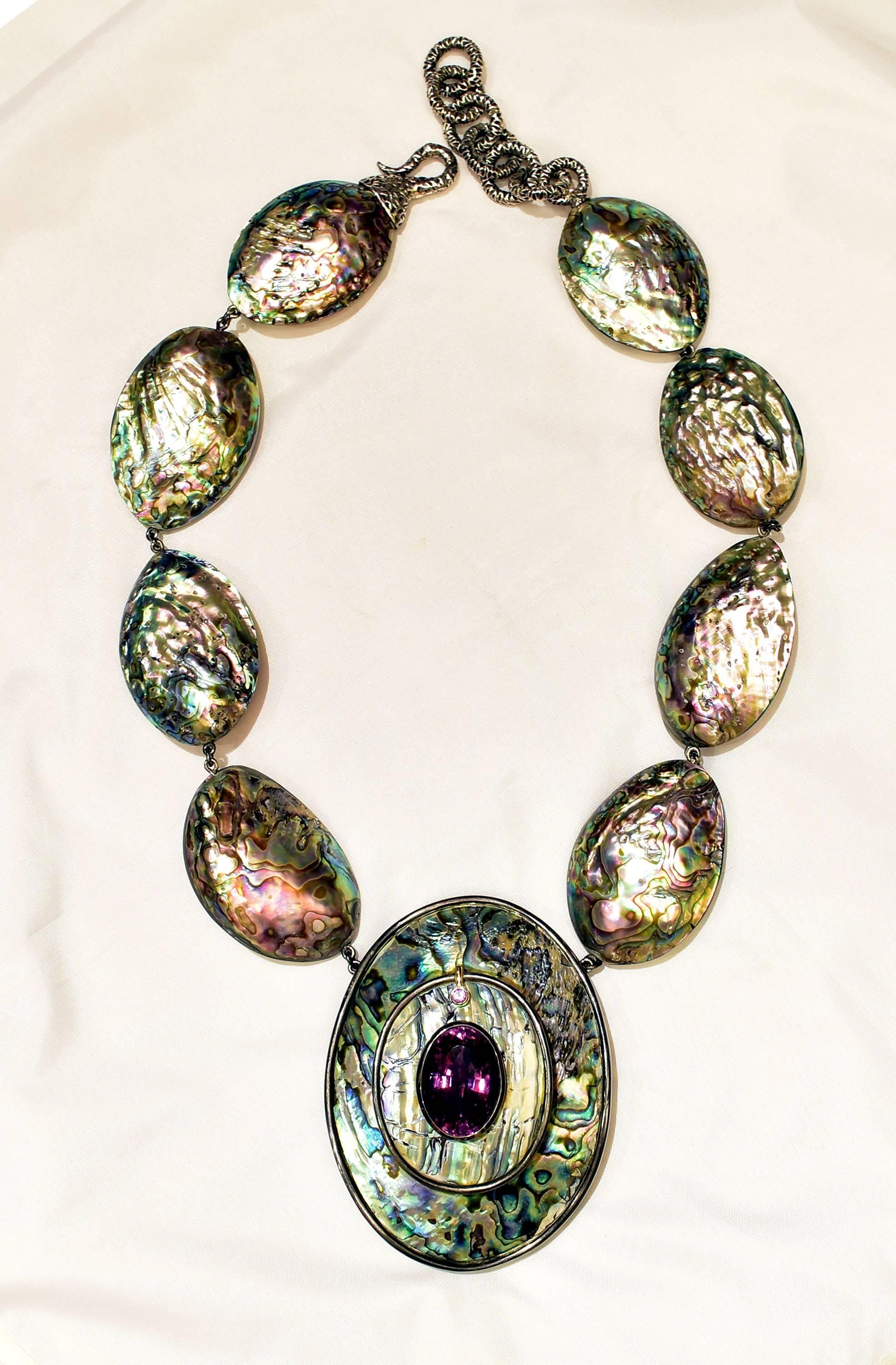 Tony Duquette Abalone 55 Carat Amethyst Silver and Gold Statement Necklace In New Condition In Montreal, QC