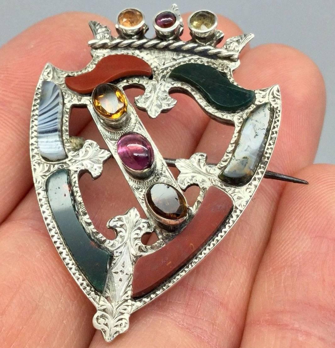 Victorian Sterling Silver Scottish Agate Brooch Pin Circa 1890 3