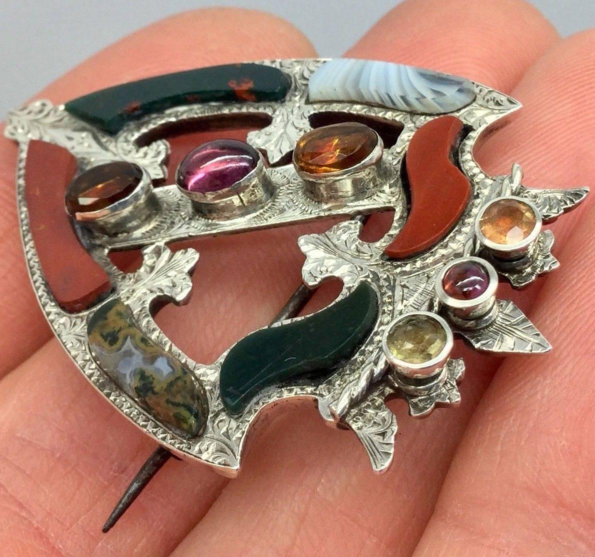 Victorian Sterling Silver Scottish Agate Brooch Pin Circa 1890 2
