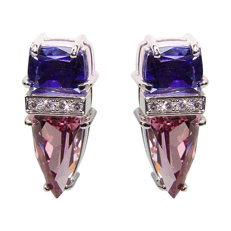 Spinel and Tanzanite Diamond Gold Stud Earrings For Sale