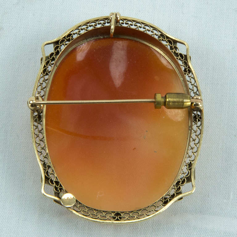 Superb c1930s Shell Cameo Pin depicting a Beautiful Young Woman posing a striking a Romantic pose. The oval cameo is ornately framed in a handmade 14k bezel and and filigree surround. Versatile, the cameo can be worn as a pin or pendant. . Fabulous