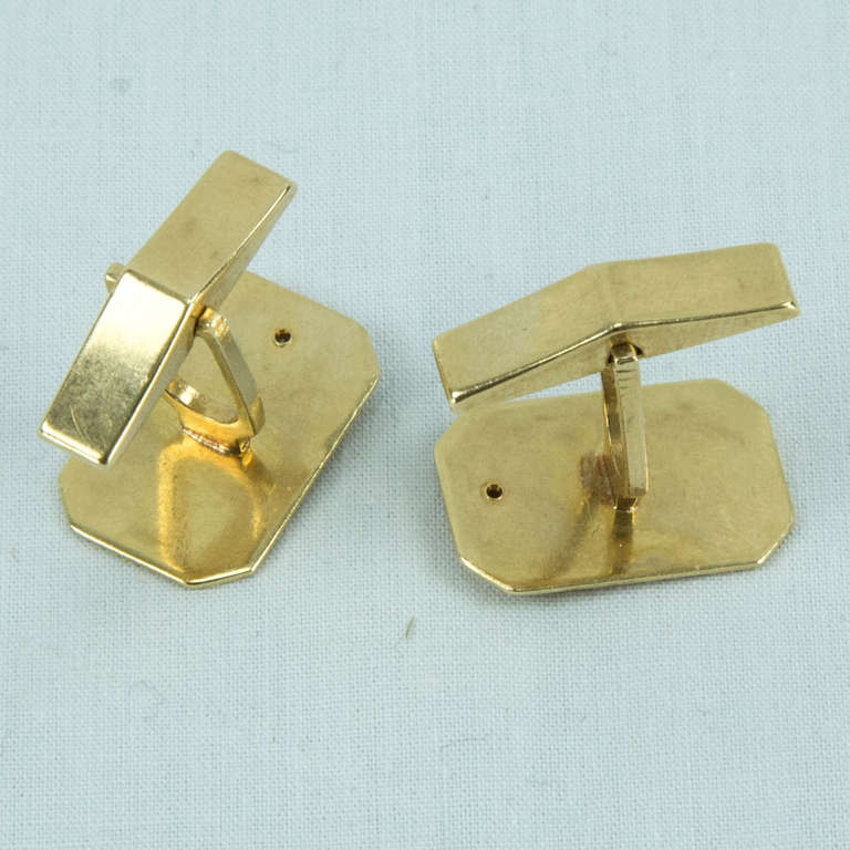 Handsome pair of Rectangular Cuff Links, Diamond set in 14kt yellow gold; hand engraved; marked: 14K. Classic and Stylish as you are!