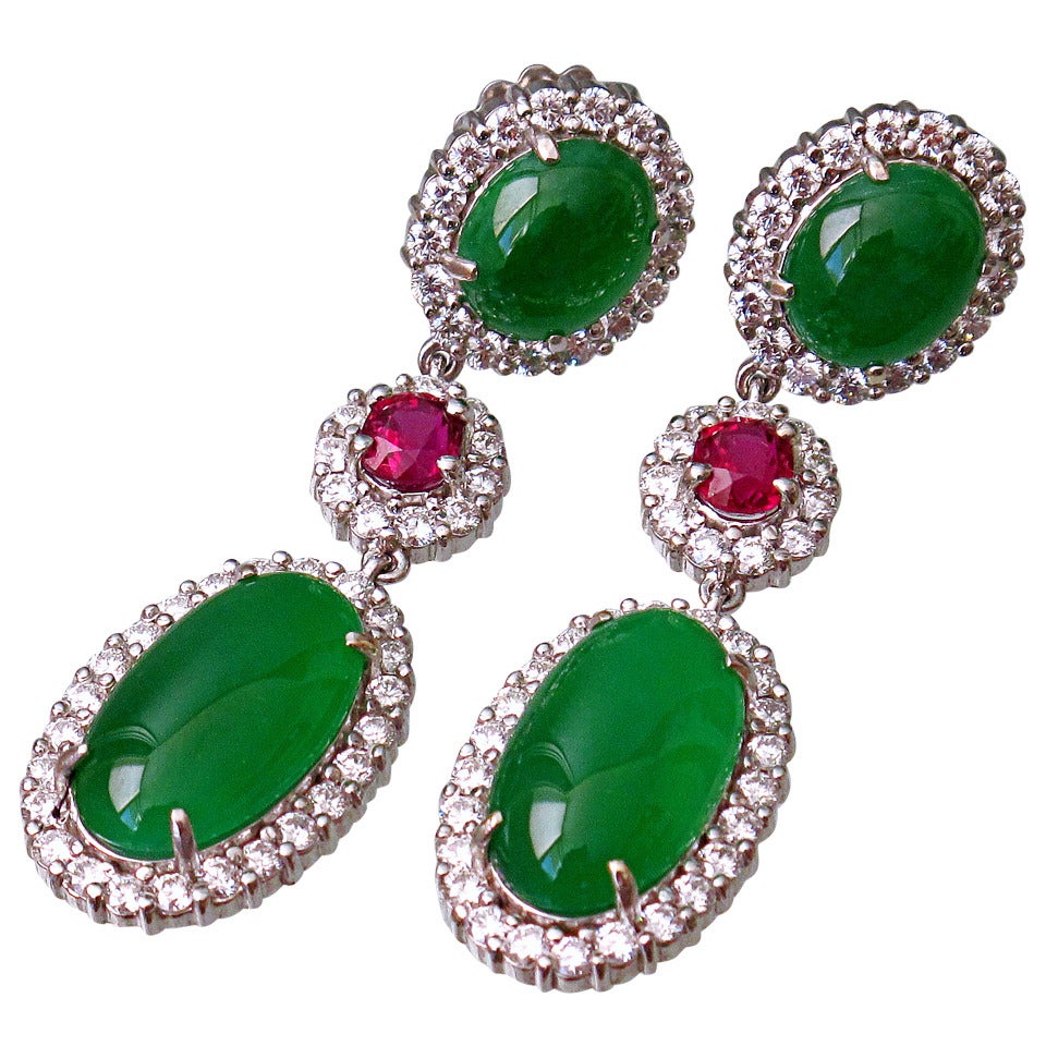 Natural Jade Ruby Diamond Gold Drop Earrings For Sale at 1stDibs