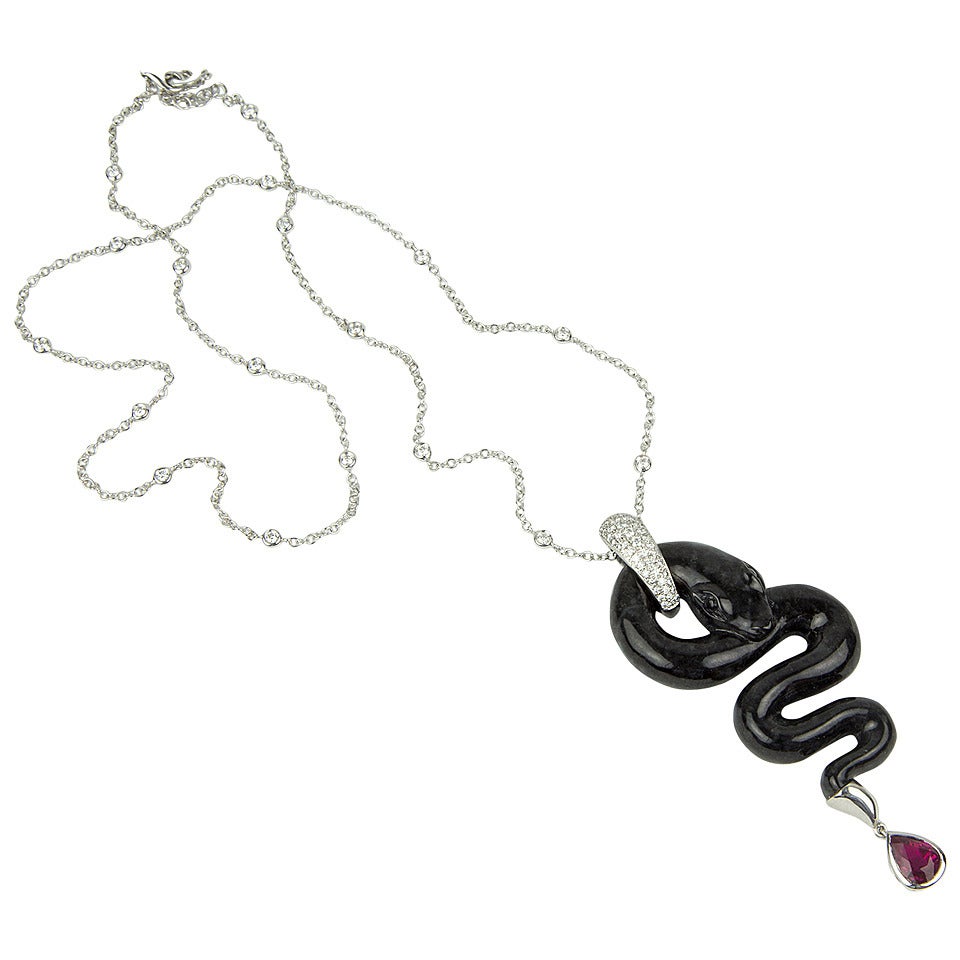 Black Jade Rubelite Diamond Gold Snake Statement Necklace Estate Fine Jewelry