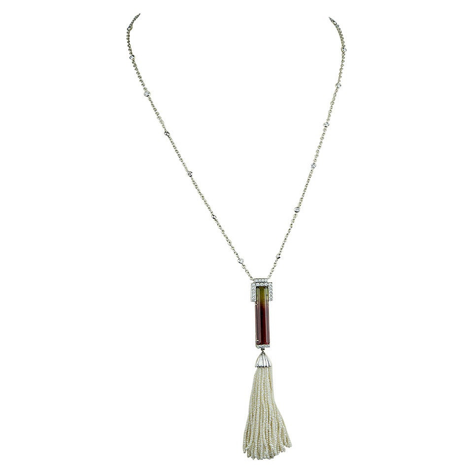 Tourmaline Seed Pearl Diamond Gold Tassel Sautoir Gold Statement Necklace For Sale