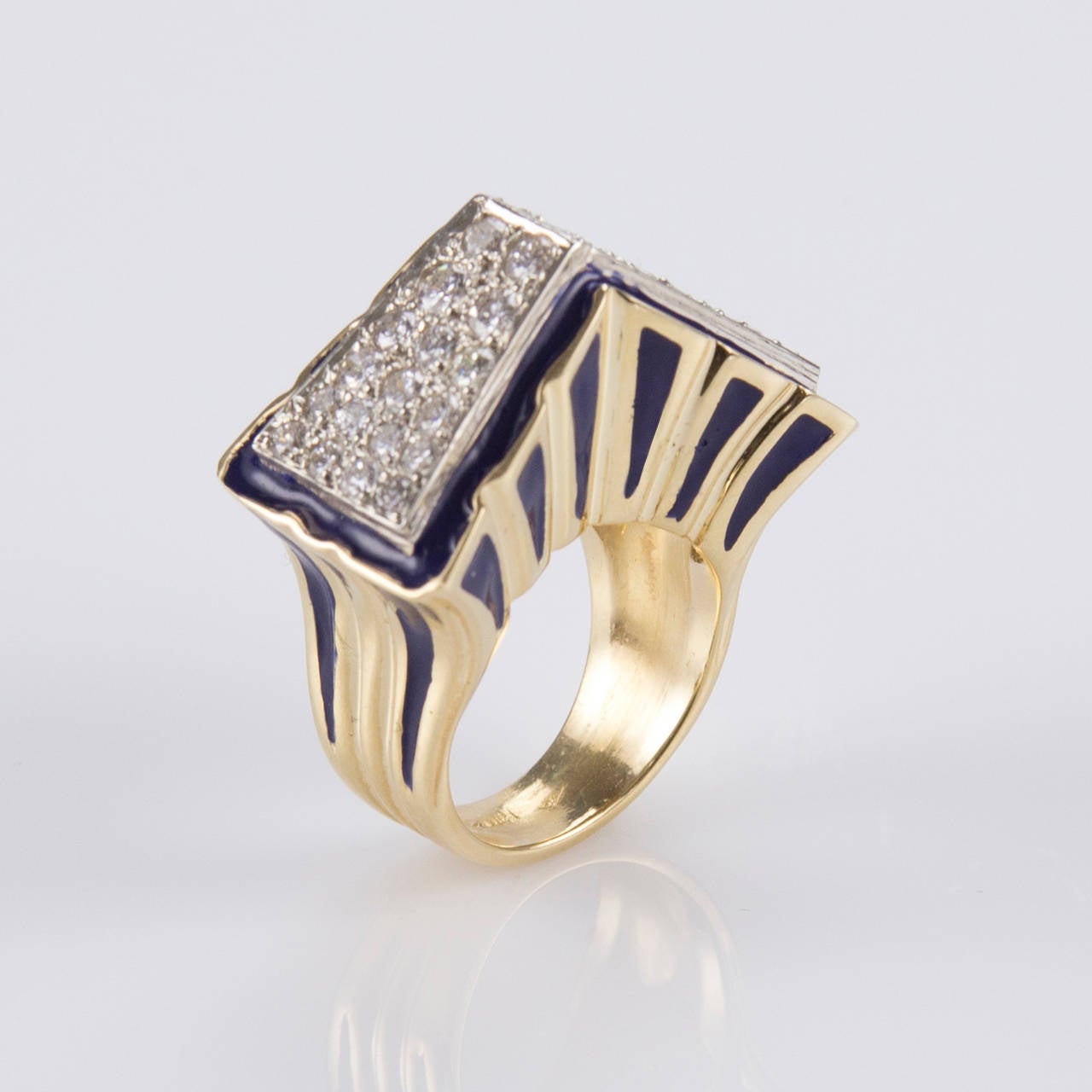 Modernist Diamond and Blue Enamel Gold Cocktail Statement Ring Estate Fine Jewelry For Sale