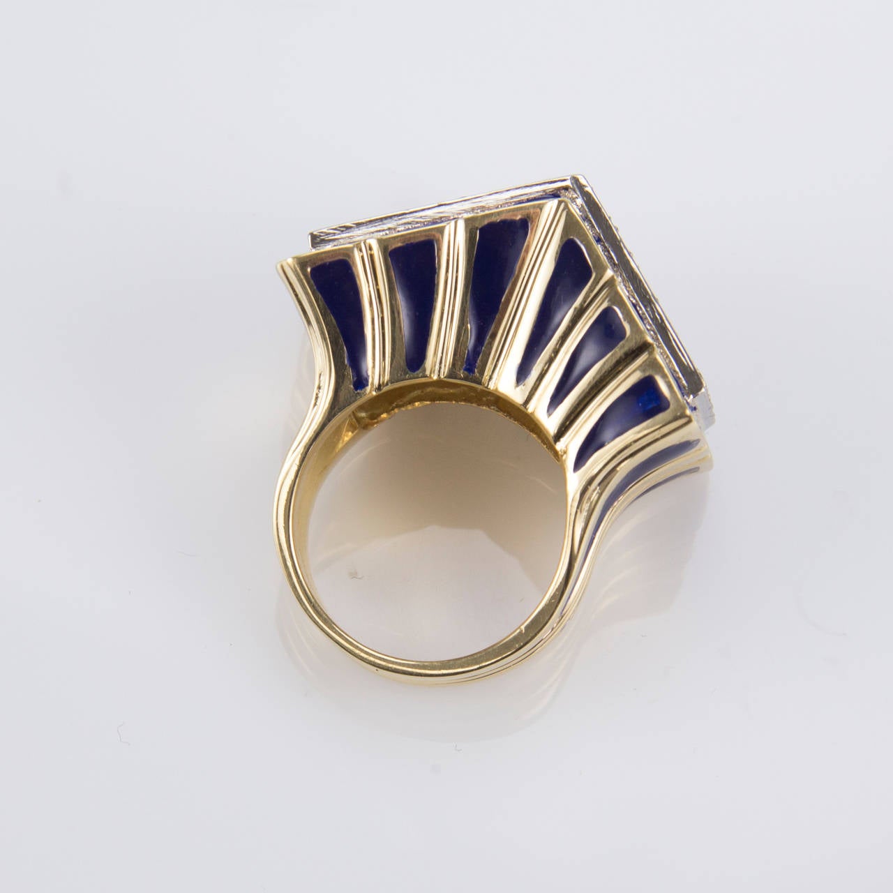 Women's Diamond and Blue Enamel Gold Cocktail Statement Ring Estate Fine Jewelry For Sale