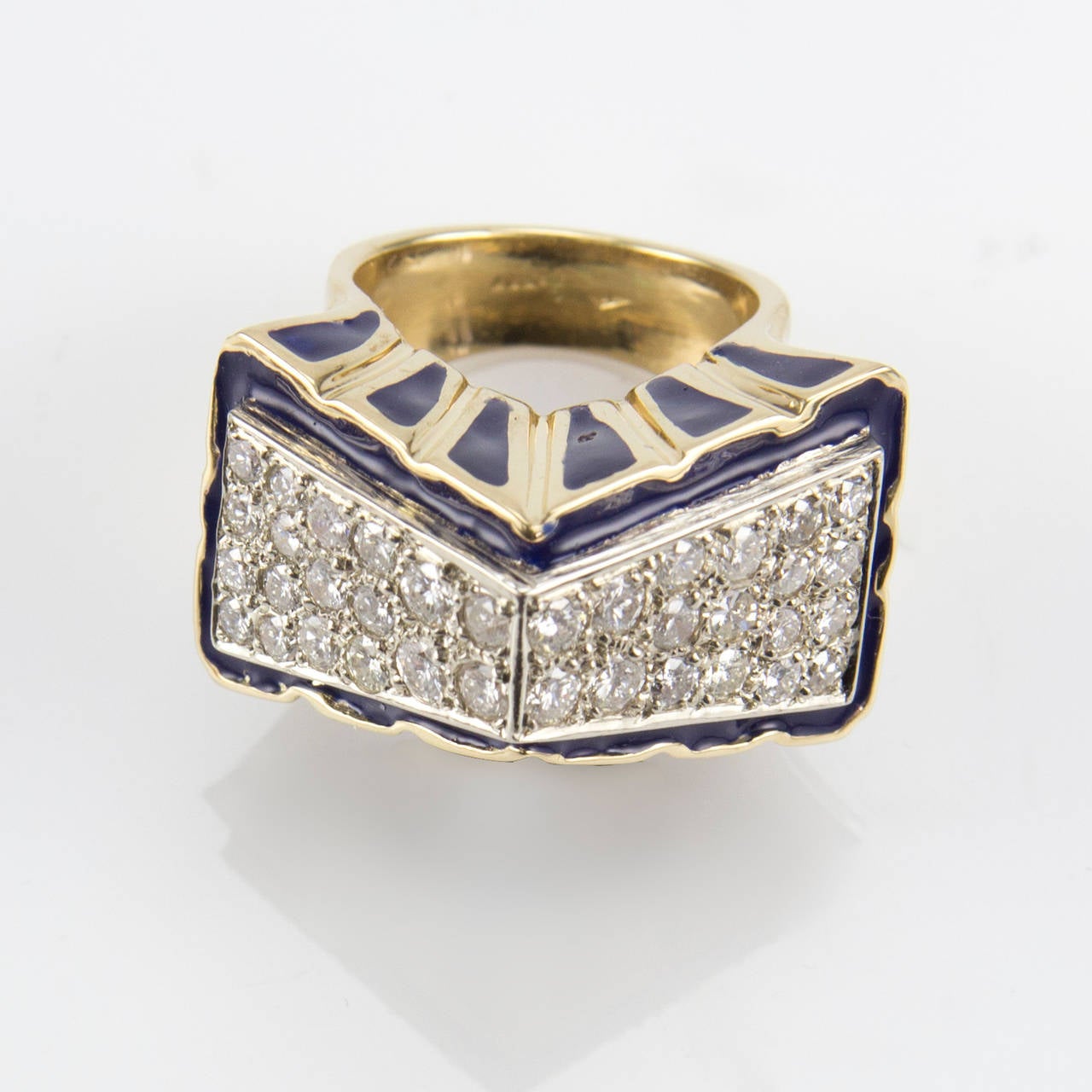 Magnificent Diamond and Blue Enamel Gable Cocktail Ring, Beautifully hand crafted in 18 Karat yellow Gold. Set with 36 diamonds x 0.08ct each; approx. 2.88 total carat weight. Marked: 18KT Size 7.5. More Beautiful in real time! Add Timeless Pizzazz