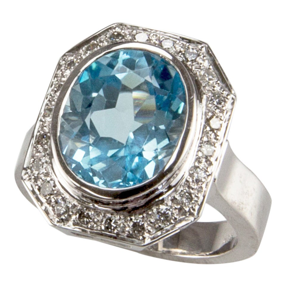 8.10 Carat Solitaire Blue Topaz Diamond Gold Ring Estate Fine Jewelry