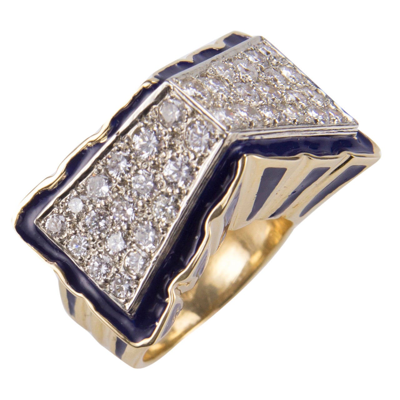 Diamond and Blue Enamel Gold Cocktail Statement Ring Estate Fine Jewelry For Sale