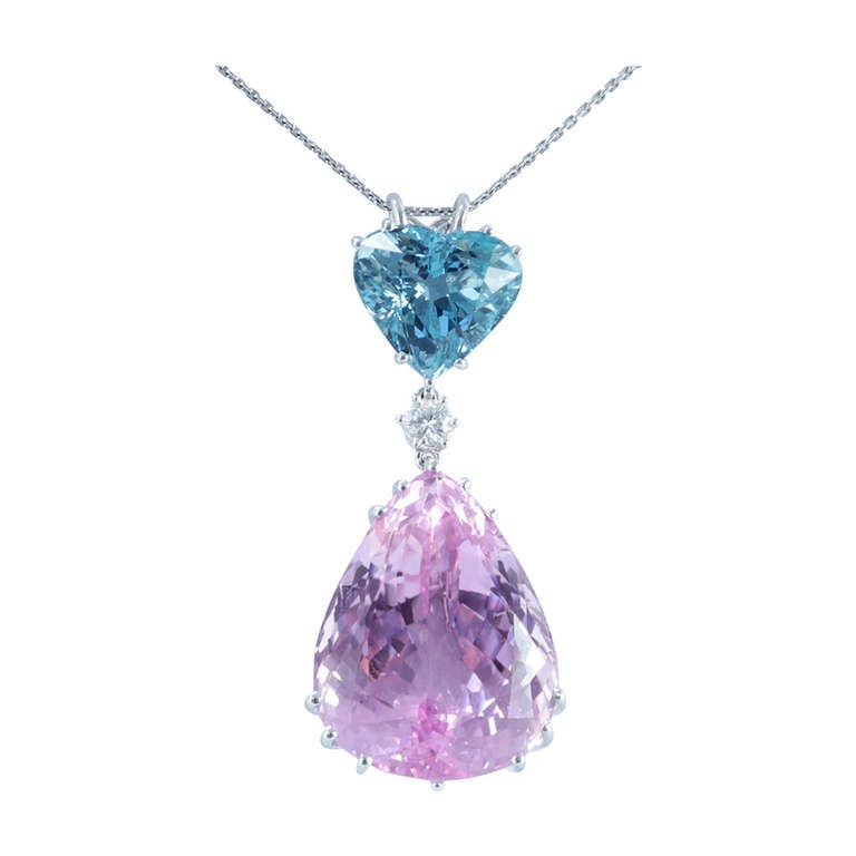 Fabulous Large 130ct Pink Kunzite Aquamarine Diamond Gold Heart Pendant