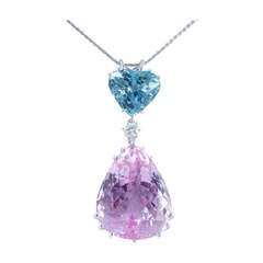 Large Pink Kunzite Aquamarine Diamond Gold Heart Pendant 2