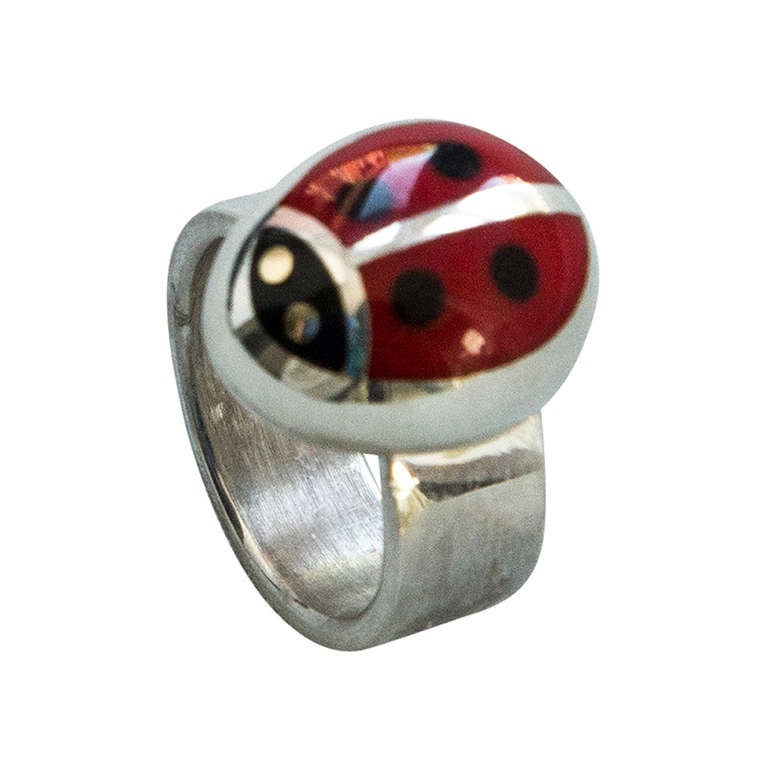 Walter Schluep Red Enamel Ladybug Sterling Silver Ring