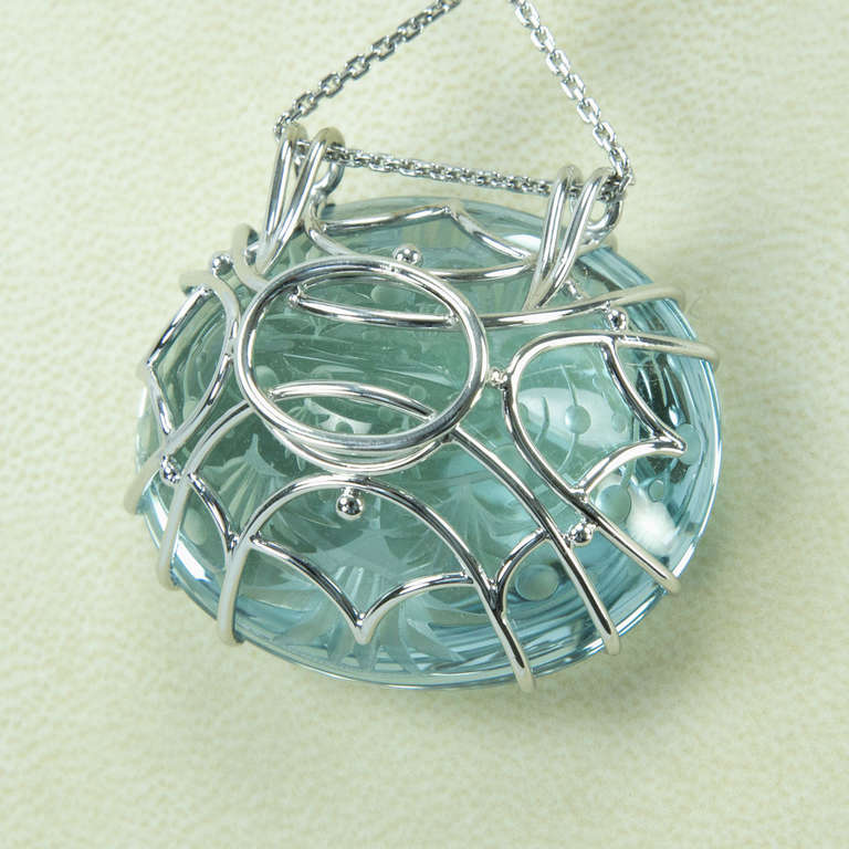 260 Carat Engraved Oval Blue Topaz Pendant In Excellent Condition In Montreal, QC