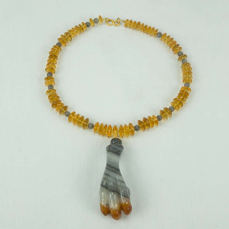 Awesome Facet-cut Citrine Necklace inter-spaced with Labradorite stones, suspending a hand carved Agate Pendant, depicting an Eagle Claw clutching a Fish, symbolizing Prosperity; held by a gilt S/S clasp; necklace measures approx. 17.5” long and the