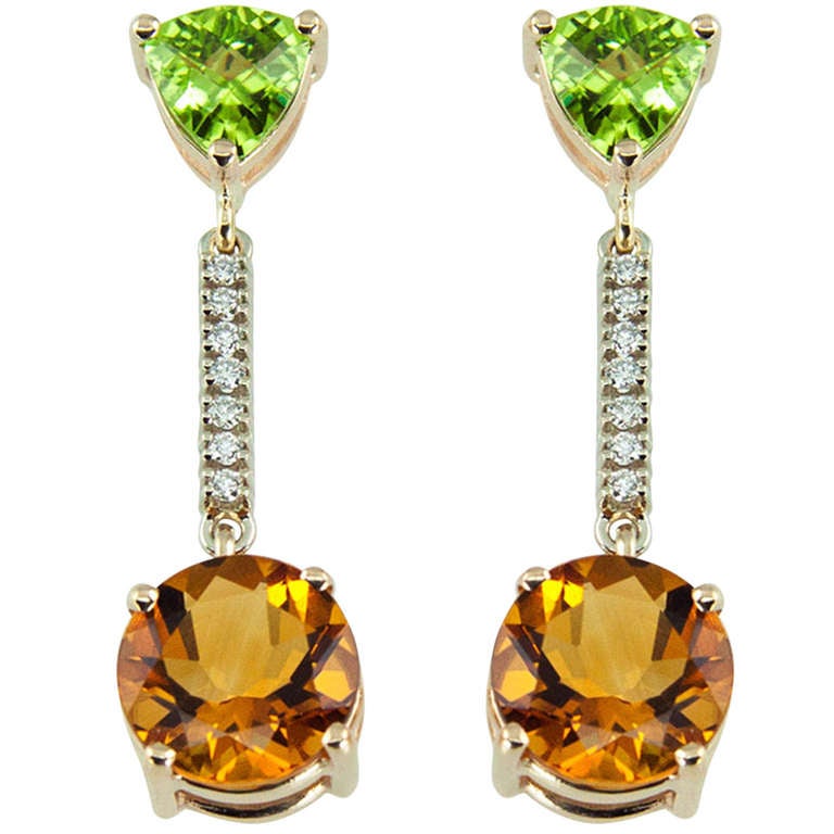 Peridot , Citrine and Diamond Gold Drop Earrings Estate Fine Jewelry