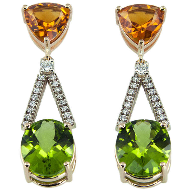 Citrine Peridot Diamond Gold Drop Earrings