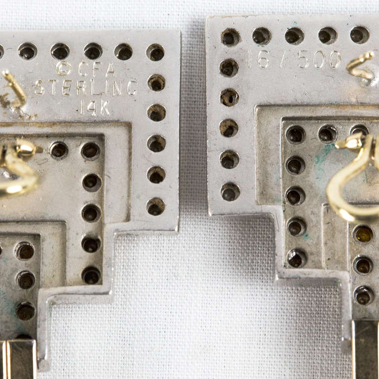 Contemporary Erte Onyx Silver Gold Moderne Earrings 