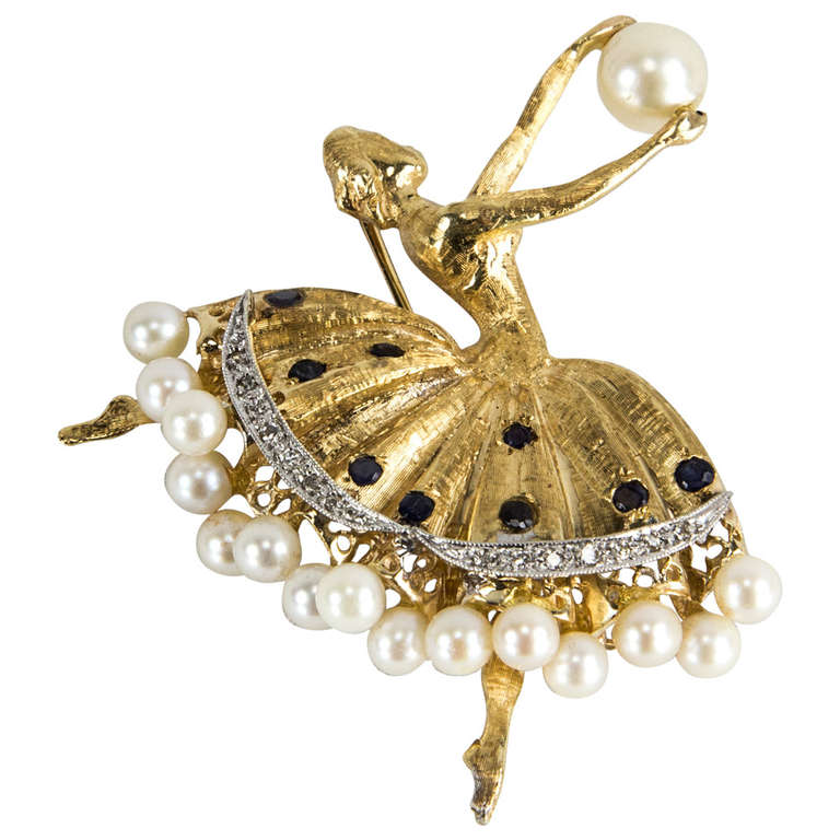 Pearl Sapphire Diamond Gold Ballerina Brooch Pin