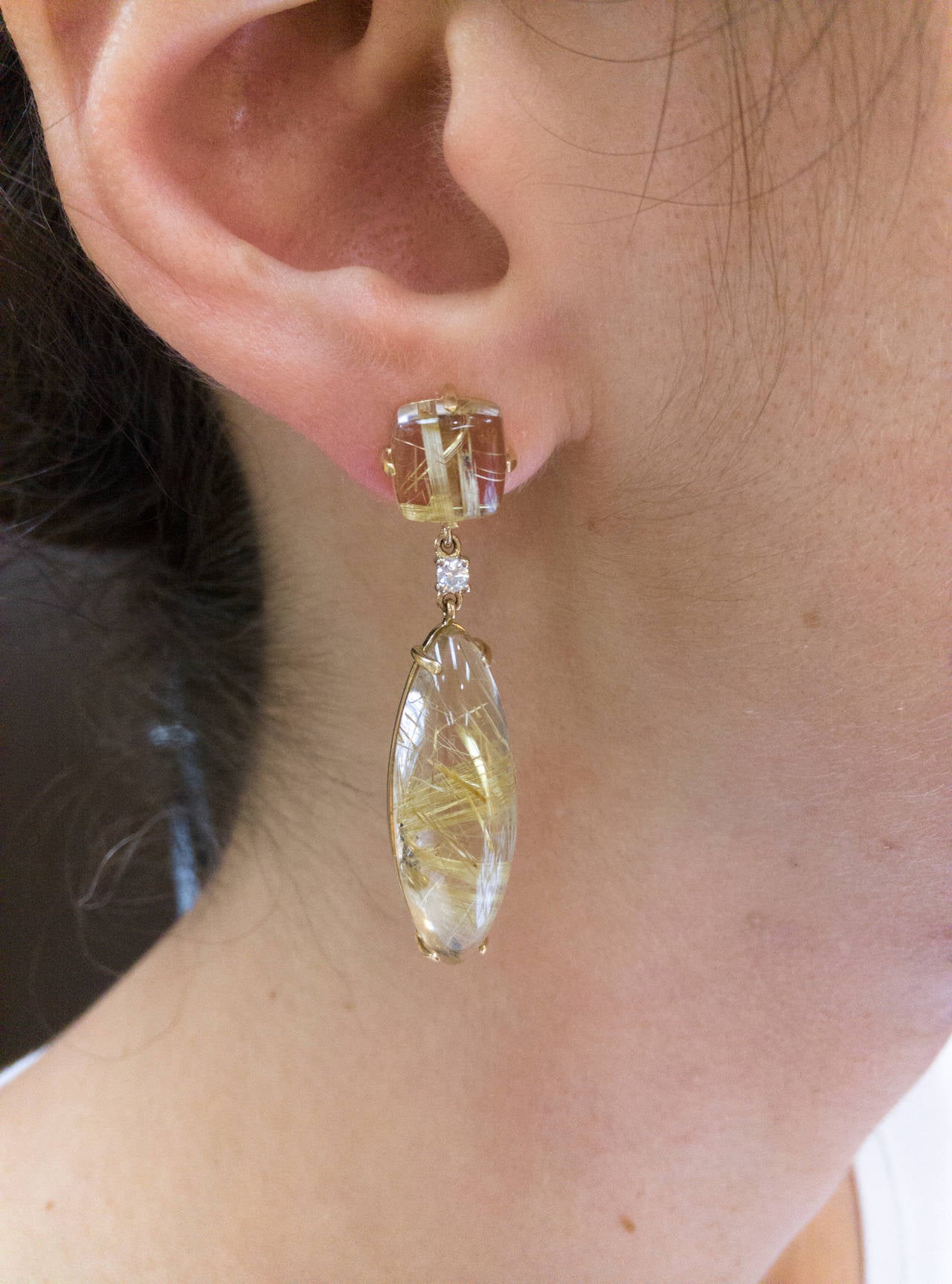 Estate Stylish pair of Fabulous Rutilated Quartz Diamond Gem Stone Dangle Earrings mounted in 14k yellow and white Gold. Approx. sizes: 8.5mm x 8.7mm x 4.2mm; 31mm x 10mm x 7.9mm (deep). Chic and Timeless...taking you effortlessly from Day to