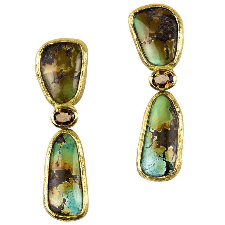 Katy Briscoe Chinese Turquoise Brown Zircon Gold Drop Earrings