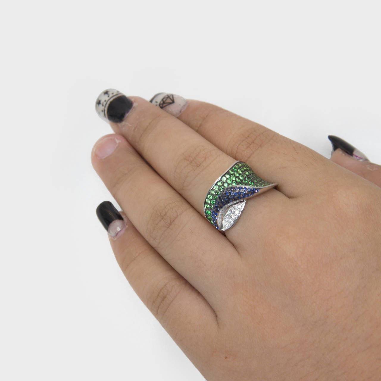 Contemporary Sapphire Green Garnet Tsavorite Diamond Gold Band Ring