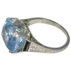 Art Deco 5.41 Carat Onyx Aquamarine Diamond Gold Ring