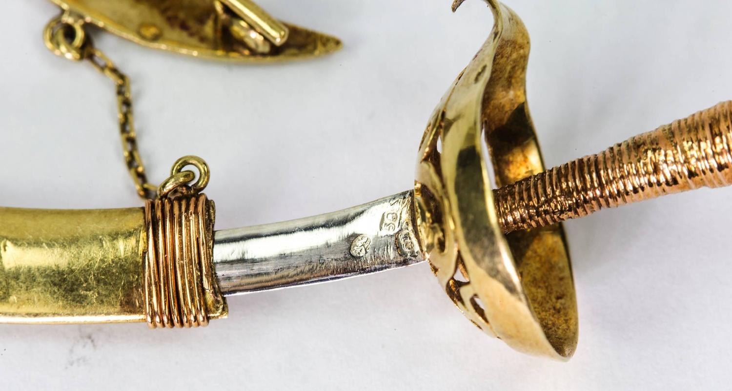 Antique Sword and Sheath Engraved Gold Jabot Brooch Pin For Sale at 1stdibs
