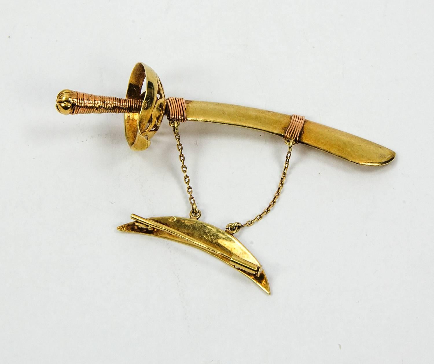 Victorian 2-tone Gold Sword & Sheath Jabot Pin, beautiful hand engraved and ajoure designs; marked on sword: CH 585; C1880s. A must have heirloom…for now and forever!  
