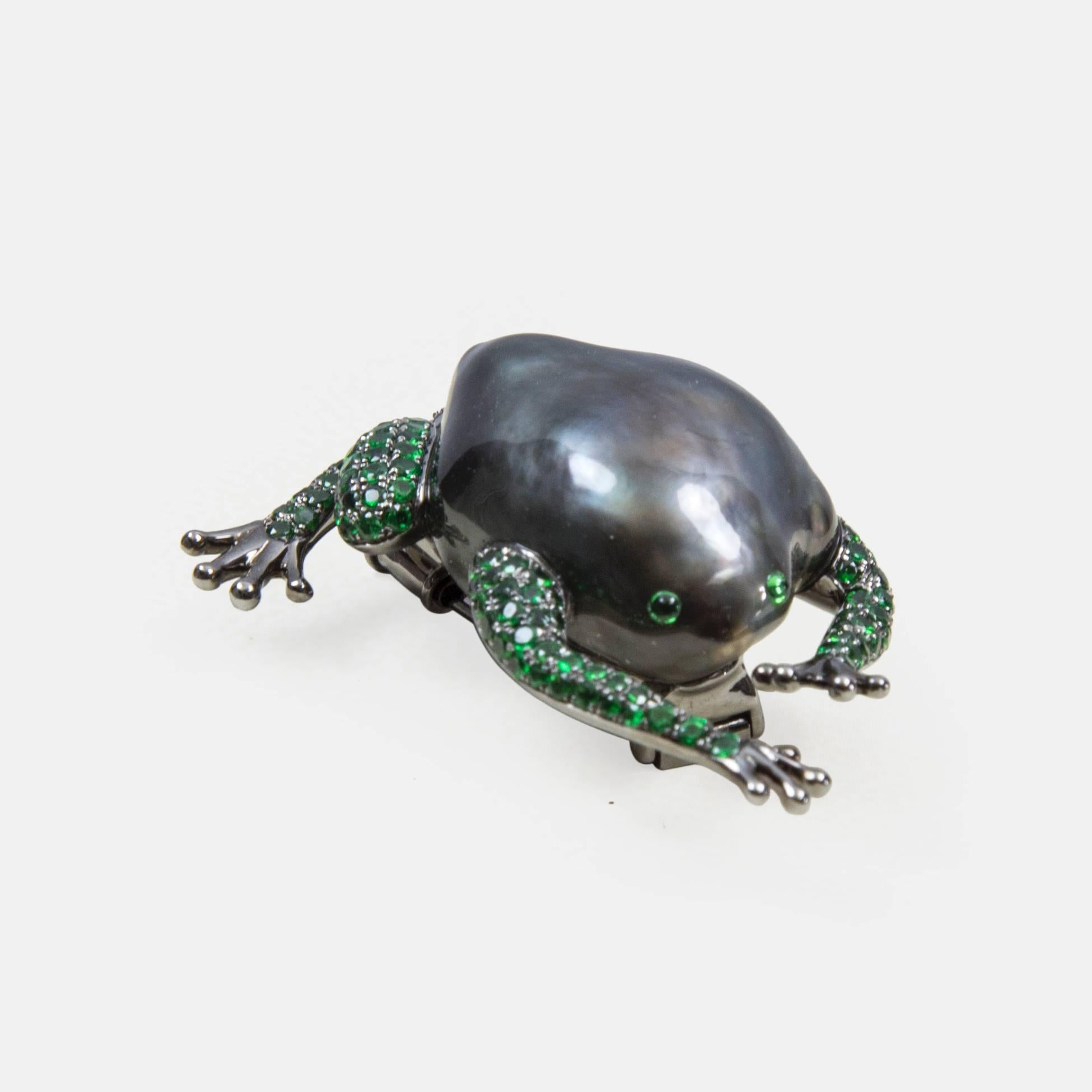 Combining playful character with luxe…Fabulous Frog Brooch mounted with a Beautiful Tahitian Baroque South Sea Pearl with Very High Luster; Gem-set with green Tsavorite Garnet. Wow…Cute as he can be! Hand crafted in rhodium 18K white gold. Unique