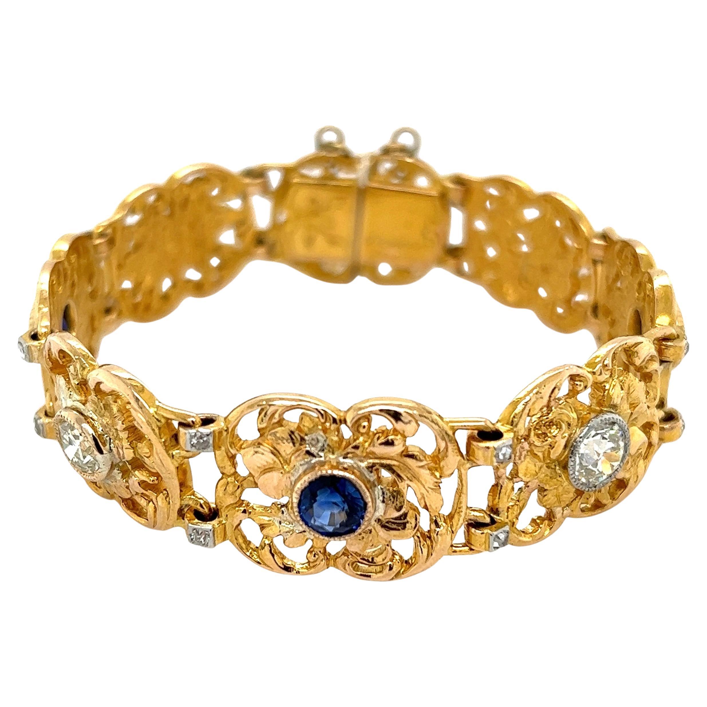Sapphire and Diamond Edwardian Gold Link Bracelet Estate Fine Jewelry