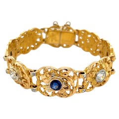 Sapphire and Diamond Edwardian Gold Link Bracelet Estate Fine Jewelry