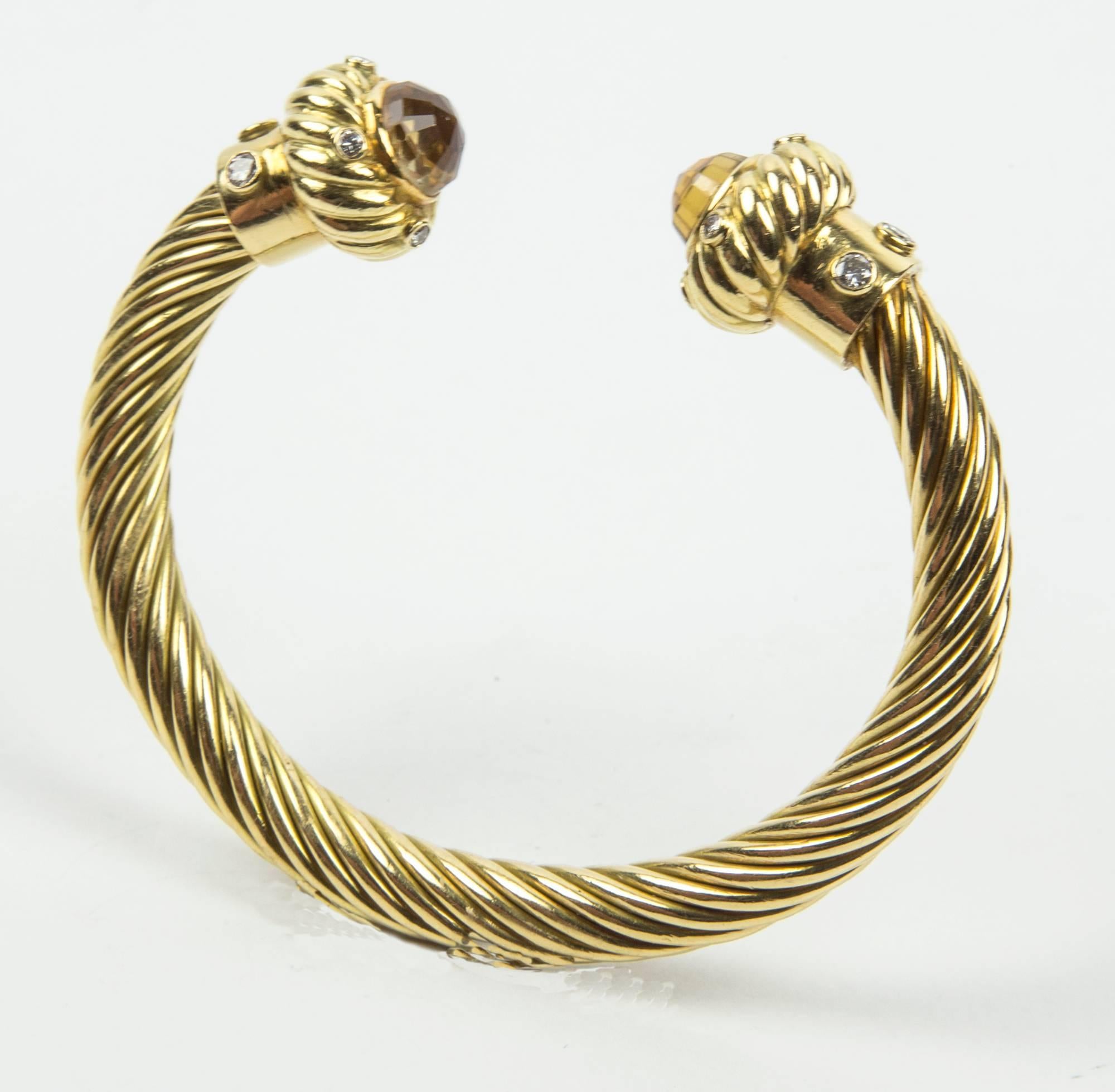 Stunning! 18K Yellow Gold Beautifully designed Braided Open Cuff Bangle Bracelet; ends completed with facet Citrine and Diamonds complementing the richly textured finish of this open bangle. 8 round and 6 brilliant cut diamonds approx.48ct; total