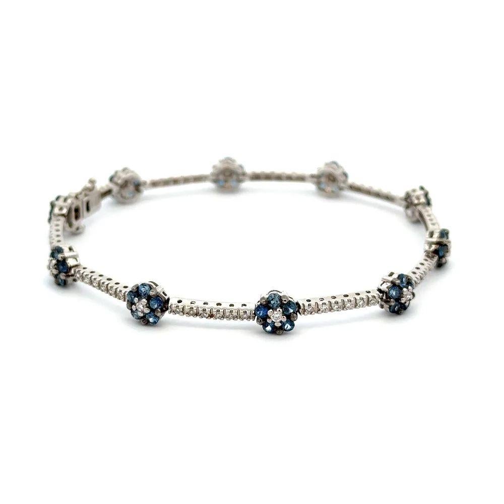 Round Cut Vintage Sapphire Flower and RBC Diamond Gold Link Bracelet For Sale