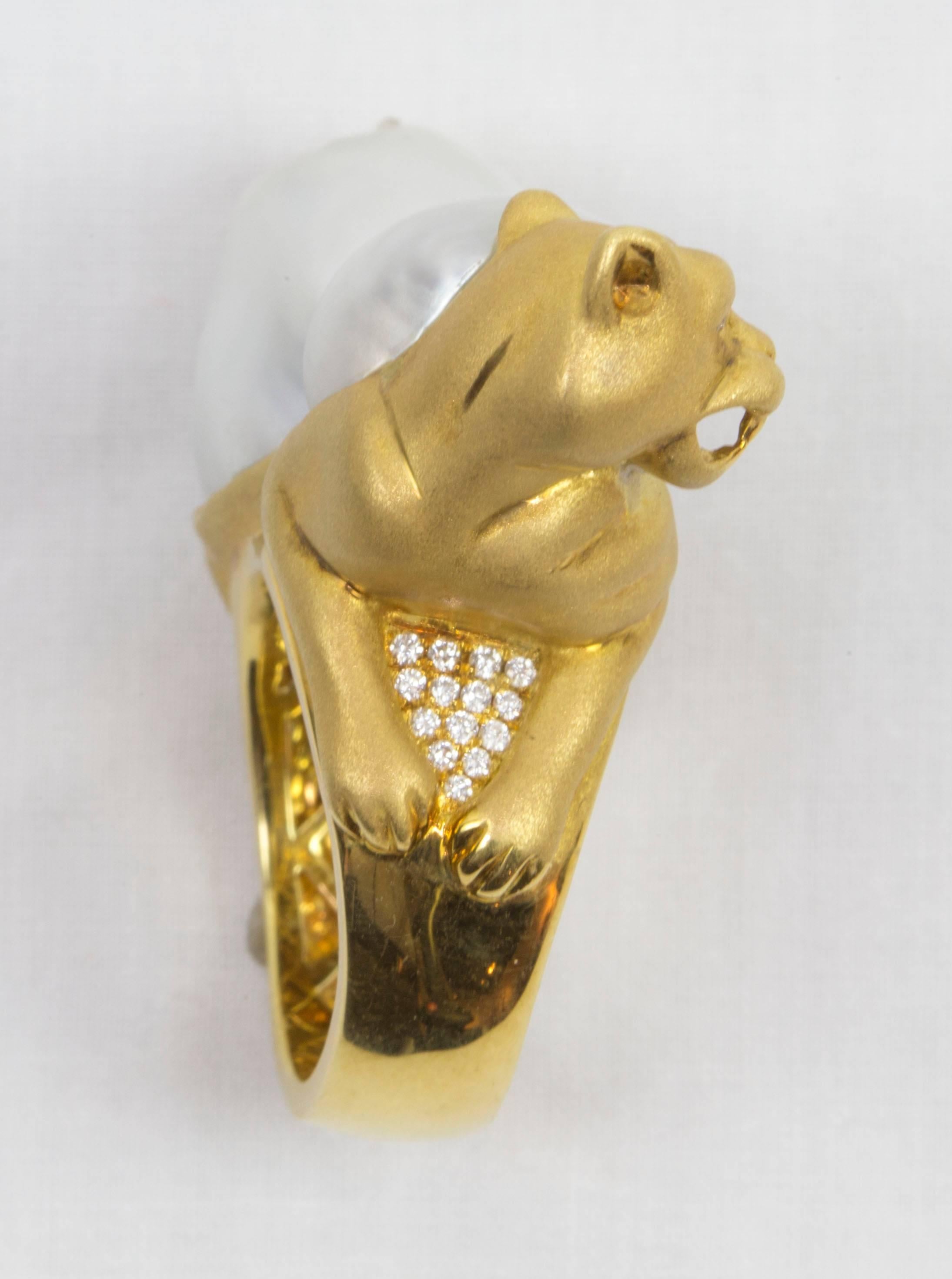 Modern Dramatic White South Sea Pearl Diamond Gold Panther Ring