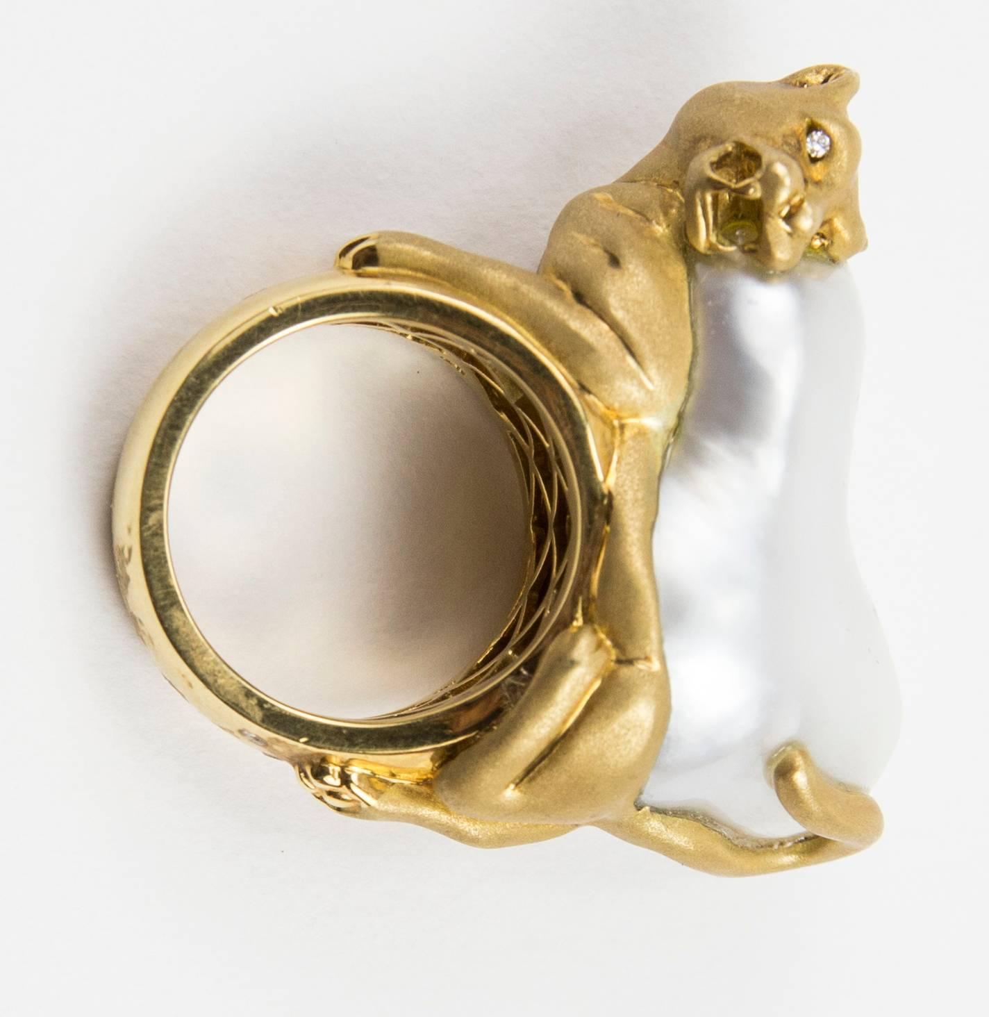 Women's or Men's Dramatic White South Sea Pearl Diamond Gold Panther Ring