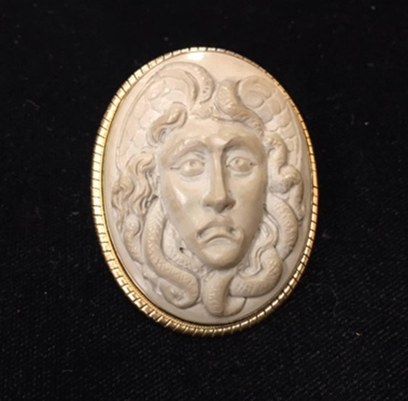 Victorian Antique Carved Lava Cameo of Medusa Gold Pin Brooch Pendant