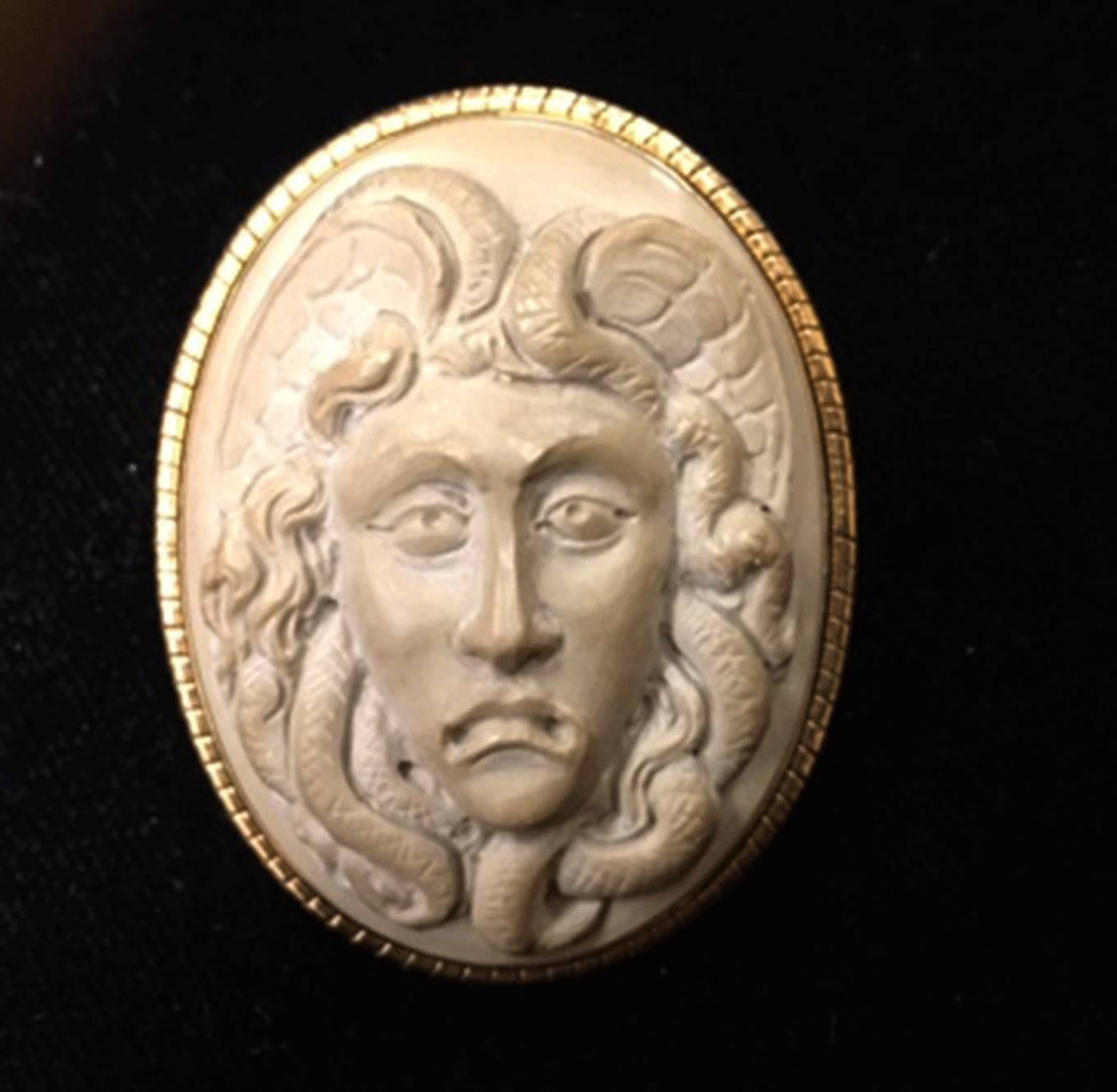Women's Antique Carved Lava Cameo of Medusa Gold Pin Brooch Pendant