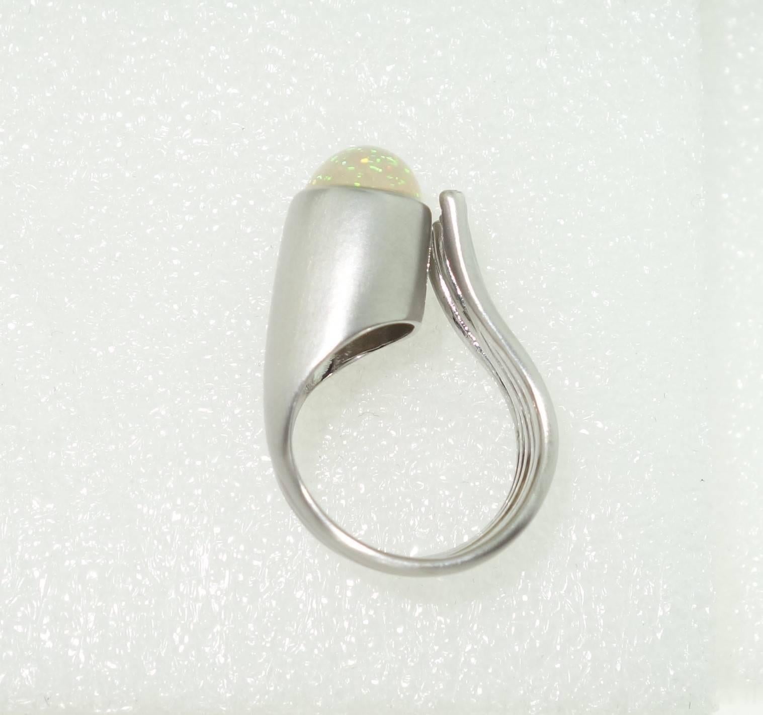 Modern Vintage Solitaire Opal and Diamond Rhodium Sterling Silver Statement Ring For Sale