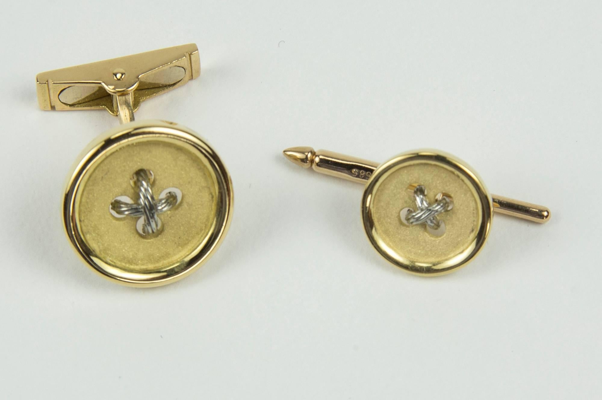 Classic Button Dress Set comprising a Pair of Cuff links and four matching Shirt Studs, highlighted with 14k white gold crisscross thread details, Hand crafted in solid 14k yellow gold. For that Special Man in your life, including You!