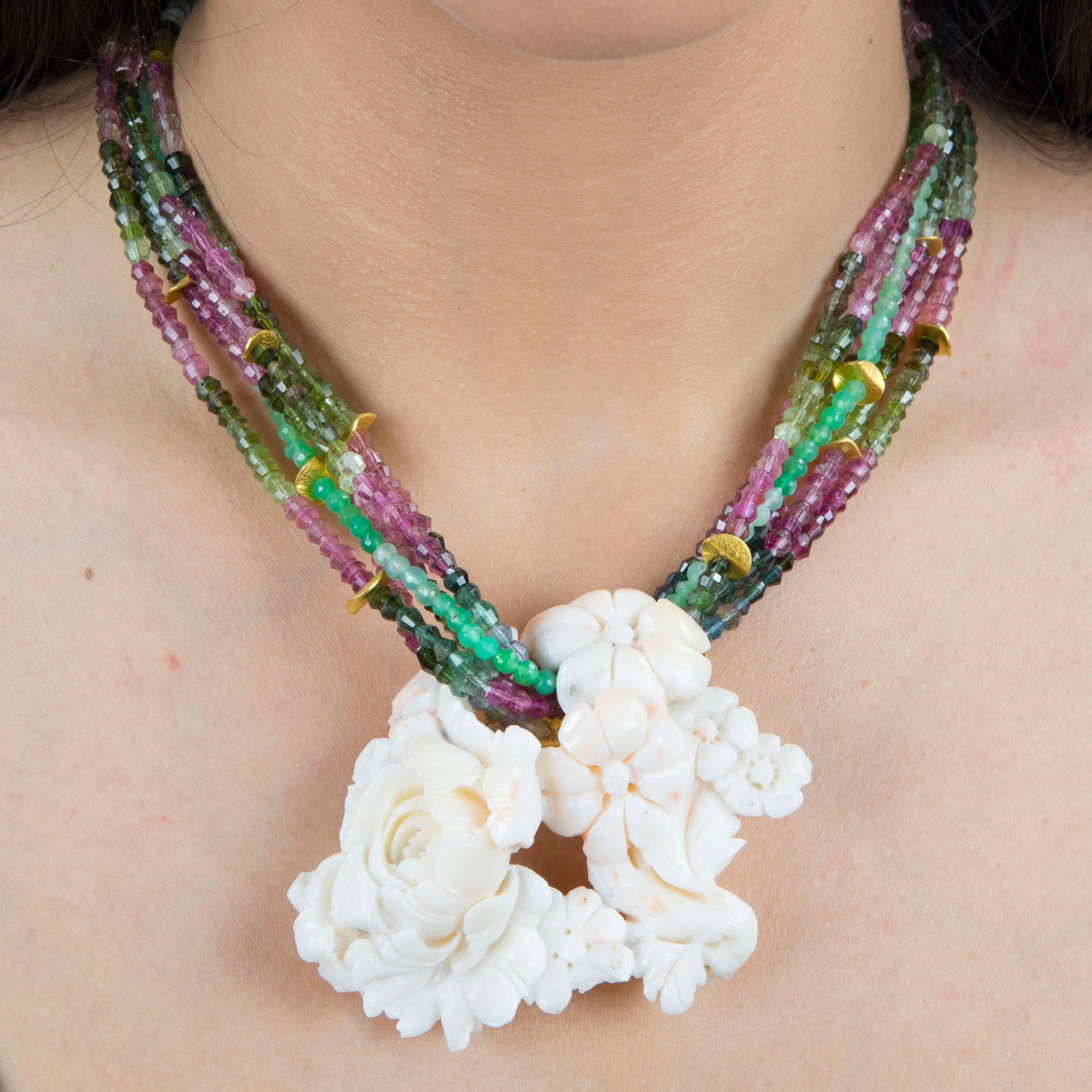 Stunning Six Strand Tourmaline, Jade and Crystal Gemstone Statement Necklace suspending a custom intricately hand Carved flowing Angel skin Coral Floral and Leaves Bouquet design pendant; strands inter-spaced with gilt sterling silver wavy