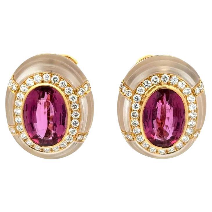 Orecchini a clip vintage in oro con tormalina rubellite, diamante RBC e cristallo di quarzo