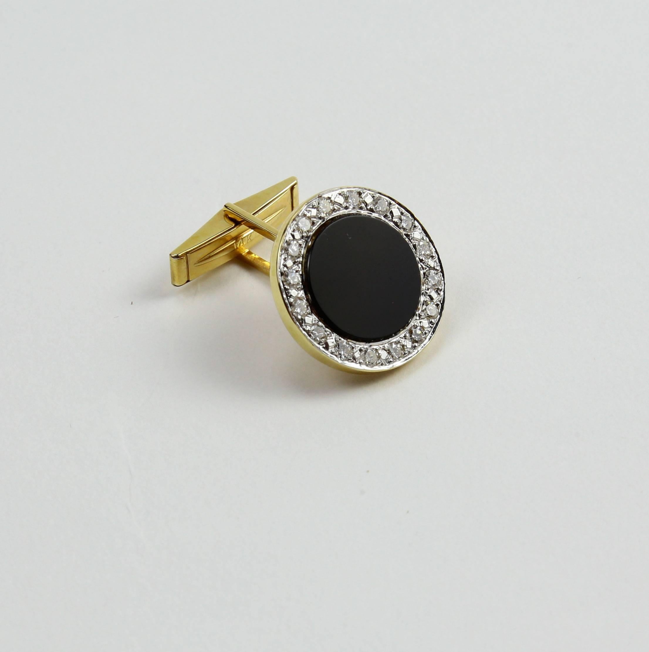 Classic Onyx and Diamond Button Dress Set comprising Pair of Cuff links and four matching Shirt Studs, each centering an onyx surrounded by a border of pave diamonds, crafted in 18k yellow gold. For that Special Man in your life, including You! 
