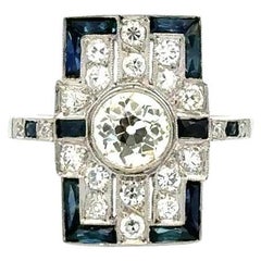 Diamond and Blue Sapphire Platinum Shield Statement Vintage Cocktail Ring