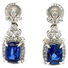 Rectangular Cushion Sapphire and RBC Diamond Platinum Vintage Drop Earrings