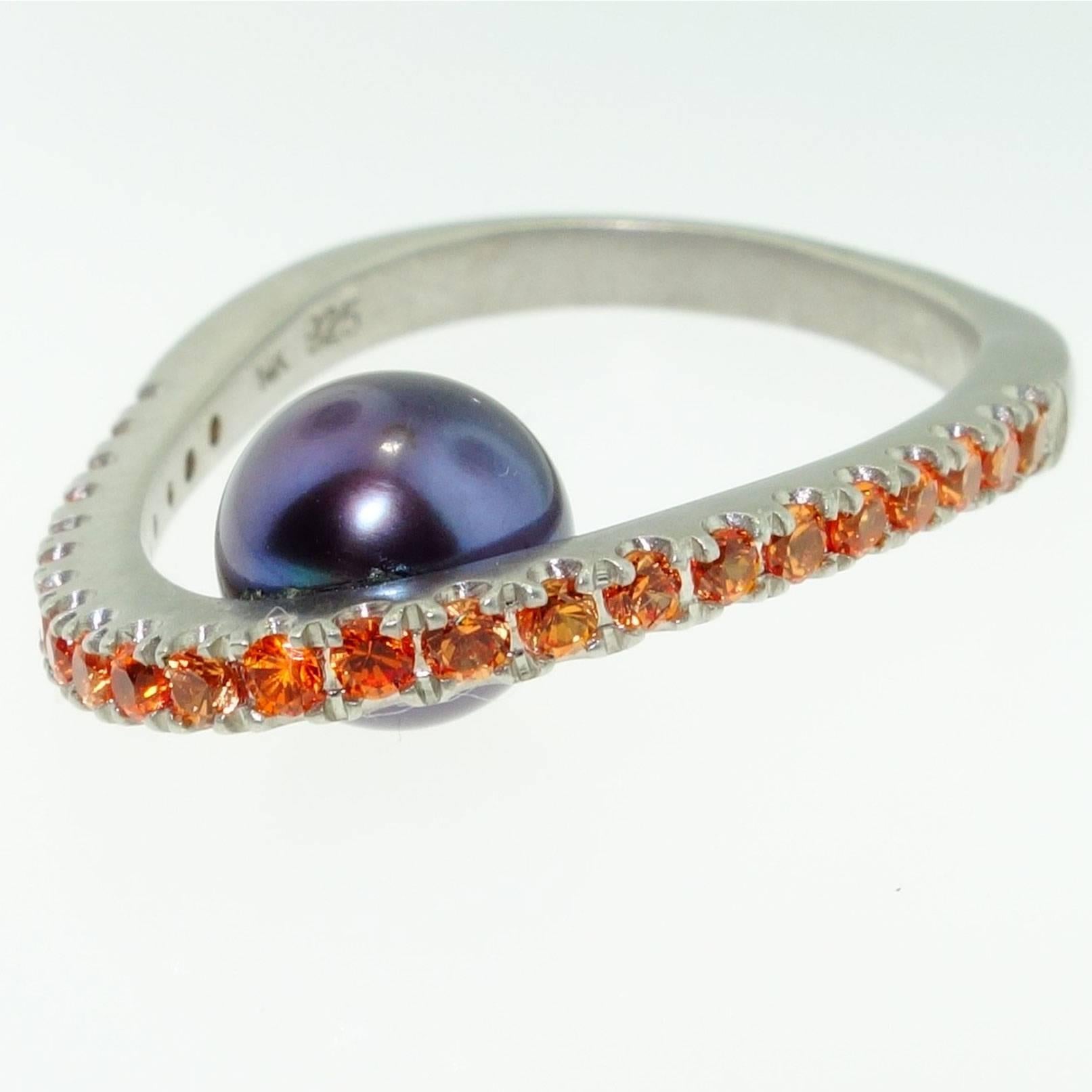 Modern Beautiful Black Pearl and Orange Sapphire Statement Ring