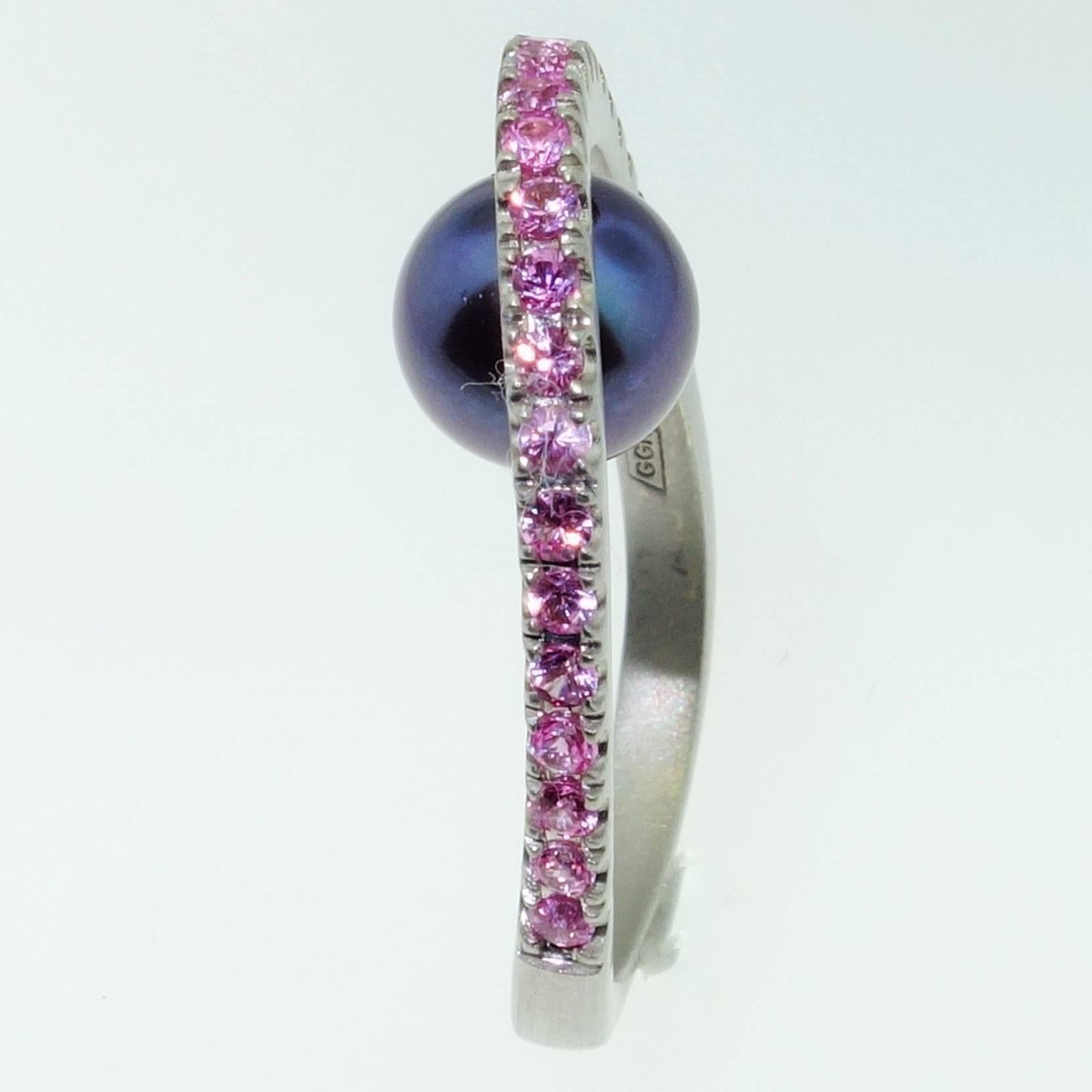 Modern Beautiful Black Peacock Pearl and Pink Sapphire Ring For Sale