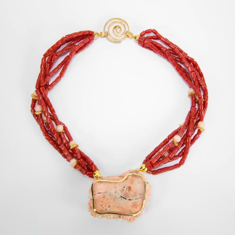 Multi Strand Coral and Carved Coral Flower Necklace Estate Fine Jewelry For Sale at 1stDibs