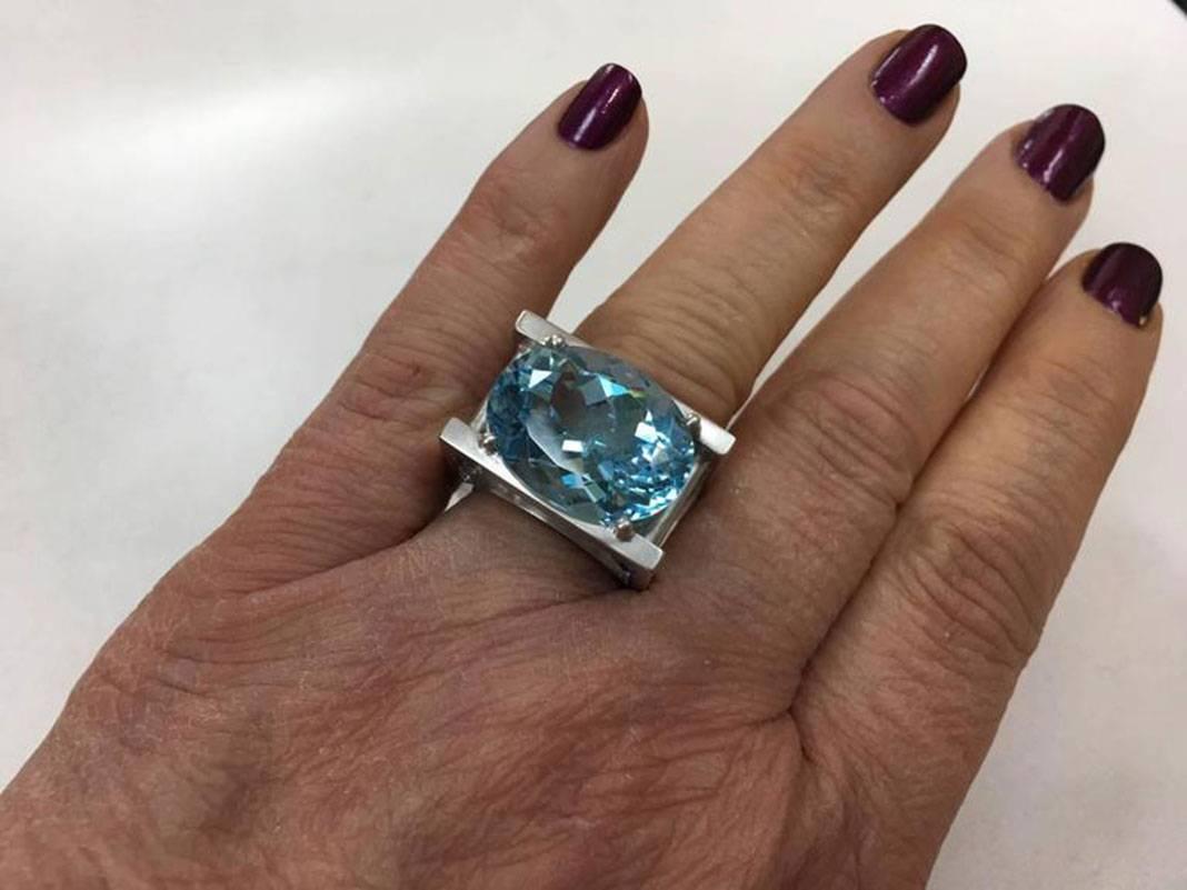 Modern 23.62 Carat Sky Blue Topaz and Sapphire Statement Ring Estate Fine Jewelry